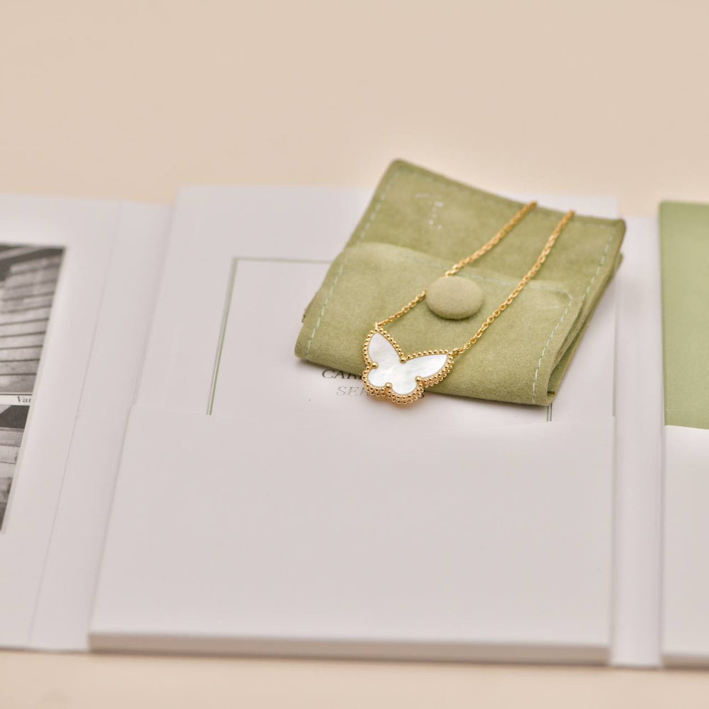 Preowned Authentic Van Cleef & Arpels Lucky Alhambra Butterfly Necklace Mother of Pearl 18K Yellow Gold