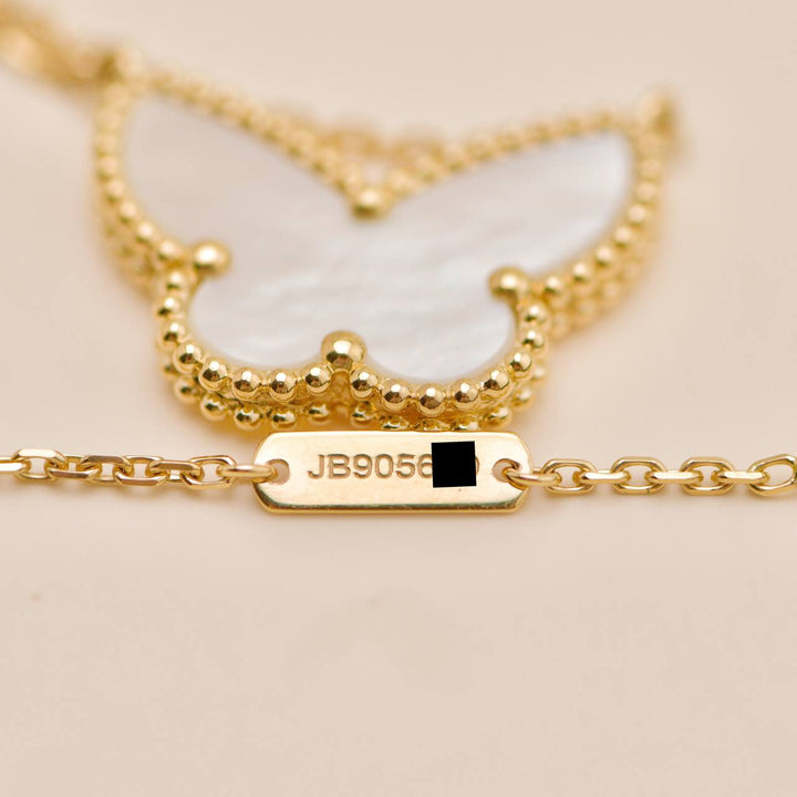 Authentic Van Cleef & Arpels Lucky Alhambra Butterfly Necklace Mother of Pearl 18K Yellow Gold