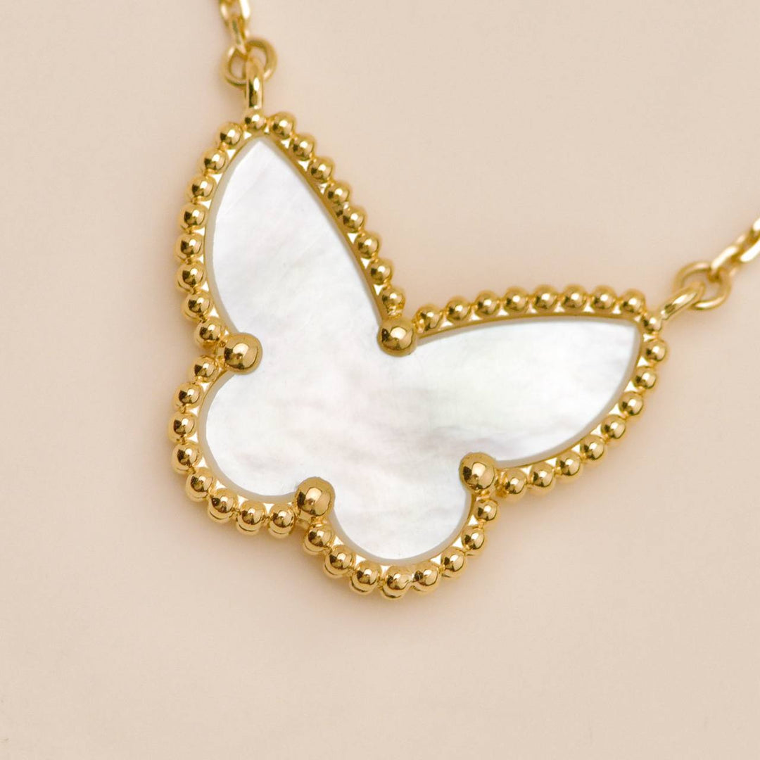 Second Hand Authentic Van Cleef Lucky Alhambra Butterfly Necklace Mother of Pearl 18K Yellow Gold