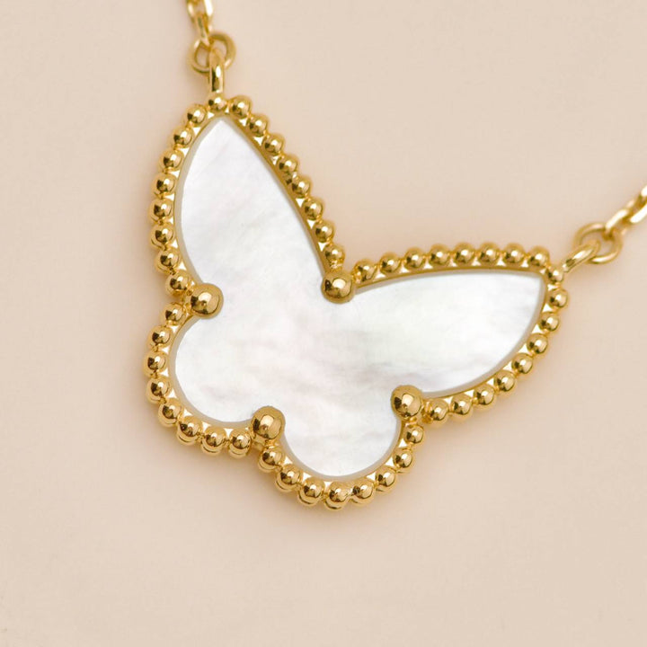 Second Hand Authentic Van Cleef Lucky Alhambra Butterfly Necklace Mother of Pearl 18K Yellow Gold
