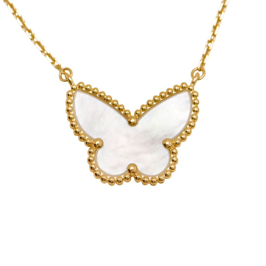 Preloved Authentic Van Cleef & Arpels Lucky Alhambra Butterfly Necklace Mother of Pearl 18K Yellow Gold