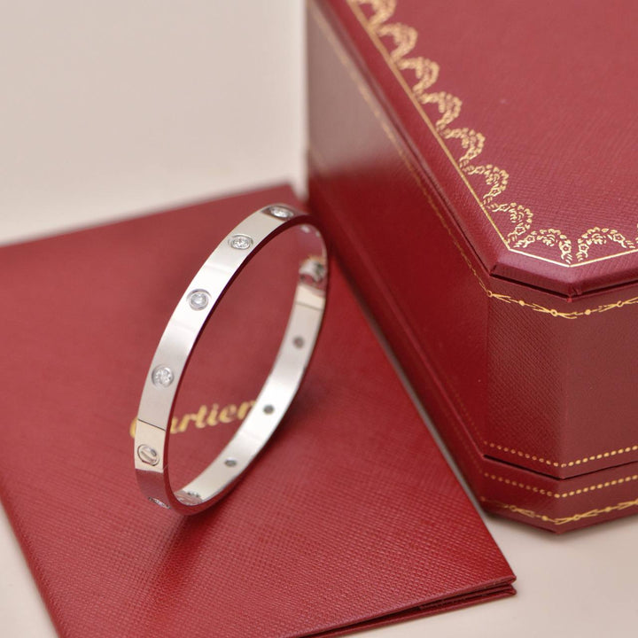 Preowned Authentic Cartier Love Bracelet Classic Model 10 Diamond 18K White Gold Size 18