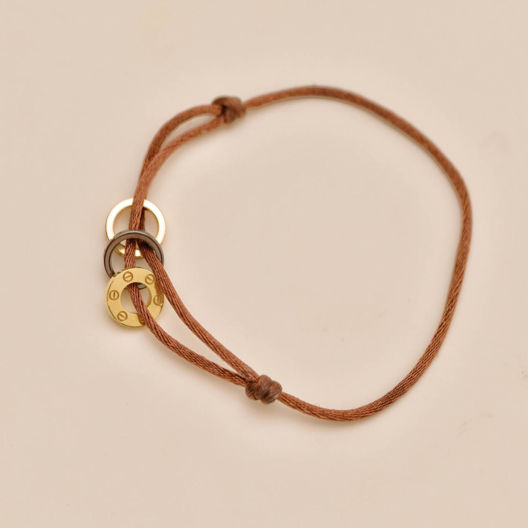 Second Hand Authentic Cartier Love 4 Diamond Sèvres Porcelain Brown 18K Yellow & Rose Cord Bracelet