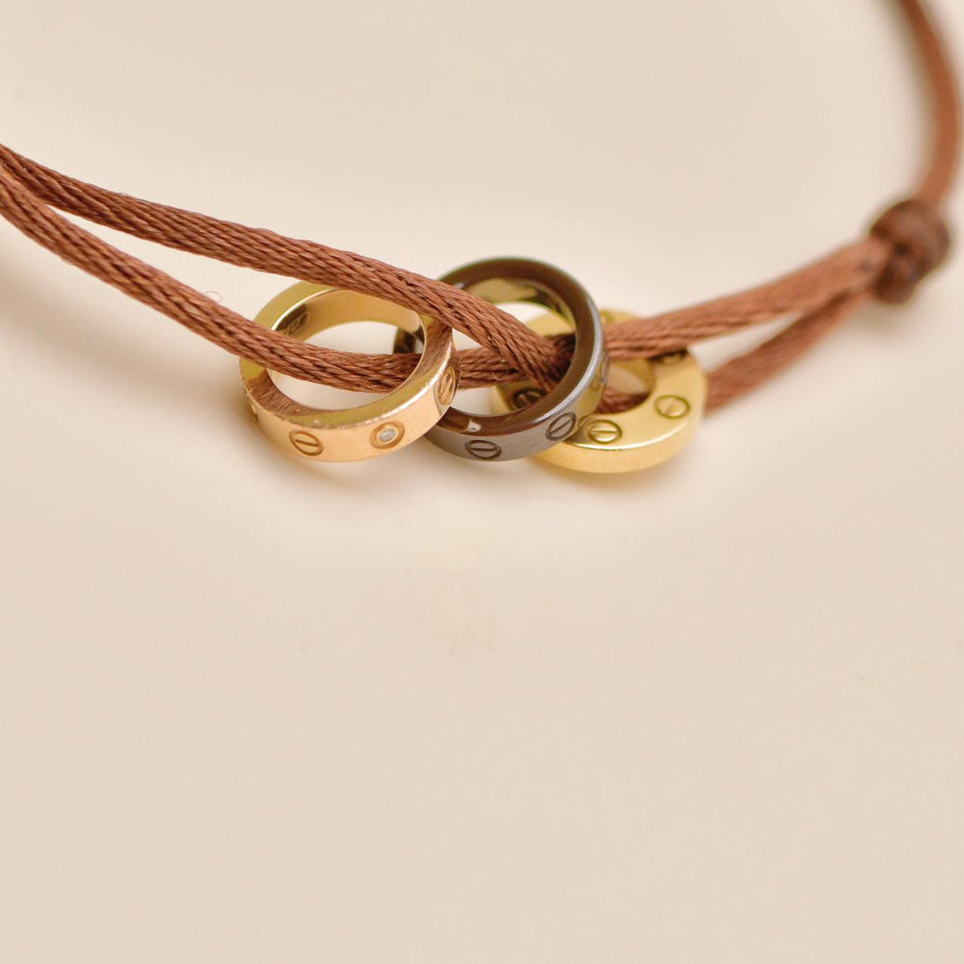 Authentic Cartier Love 4 Diamond Sèvres Porcelain Brown 18K Yellow & Rose Cord Bracelet