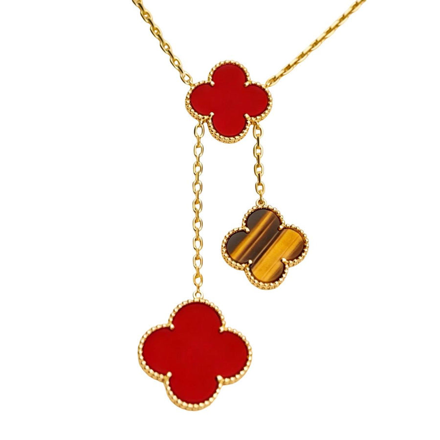 Preloved Authentic Van Cleef & Arpels Magic Alhambra 6 Motifs Necklace Carnelian Tiger Eye 18K Yellow Gold