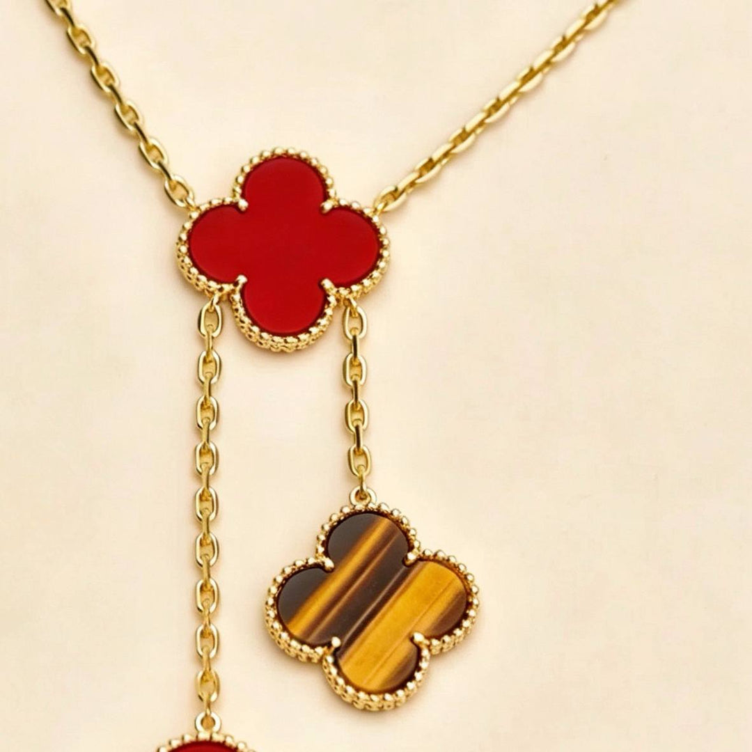 Preowned Authentic Van Cleef Magic Alhambra 6 Motifs Necklace Carnelian Tiger Eye 18K Yellow Gold