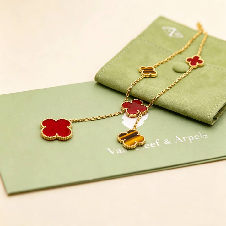 Preowned Authentic Van Cleef & Arpels Magic Alhambra 6 Motifs Necklace Carnelian Tiger Eye 18K Yellow Gold