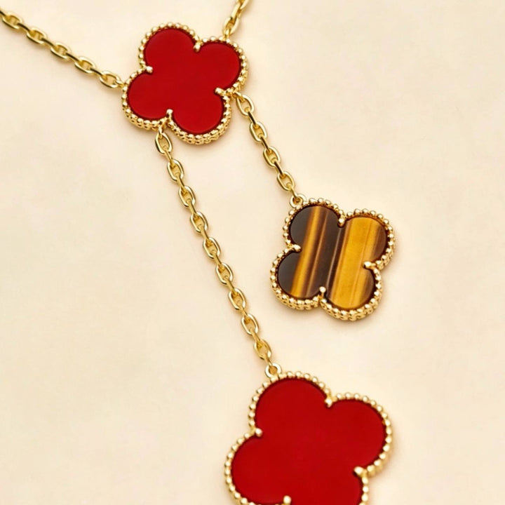 Preloved Authentic Van Cleef Magic Alhambra 6 Motifs Necklace Carnelian Tiger Eye 18K Yellow Gold