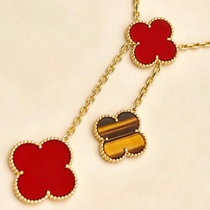 Second Hand Authentic Van Cleef Magic Alhambra 6 Motifs Necklace Carnelian Tiger Eye 18K Yellow Gold
