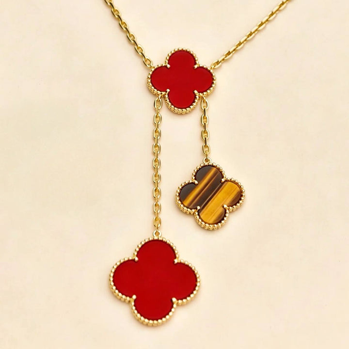 Preowned Authentic VCA Magic Alhambra 6 Motifs Necklace Carnelian Tiger Eye 18K Yellow Gold