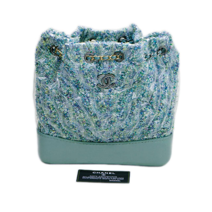 Preowned Authentic Chanel Gabrielle Backpack Green Tweed Calfskin Quilted