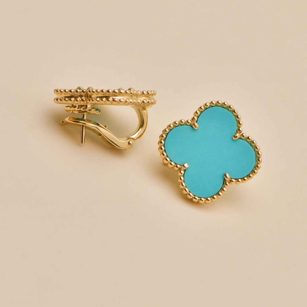 Used Authentic Van Cleef & Arpels Magic Alhambra Turquoise Earrings 18K Yellow Gold
