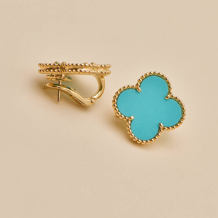 Used Authentic Van Cleef & Arpels Magic Alhambra Turquoise Earrings 18K Yellow Gold