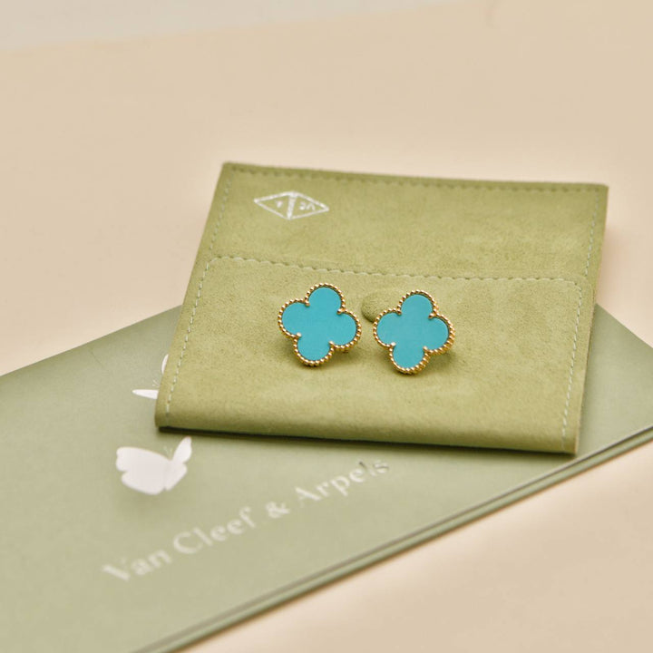 Preowned Authentic Van Cleef & Arpels Magic Alhambra Turquoise Earrings 18K Yellow Gold