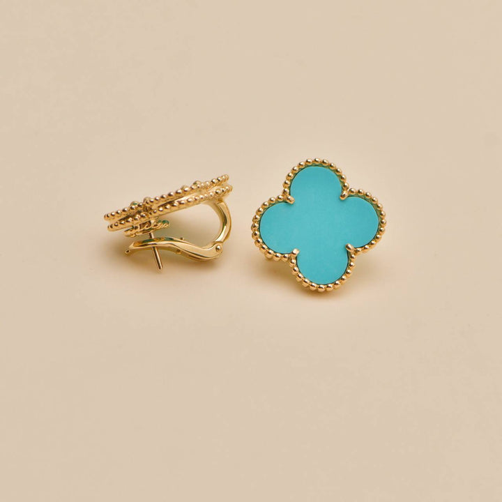 Authentic Van Cleef Magic Alhambra Turquoise Earrings 18K Yellow Gold