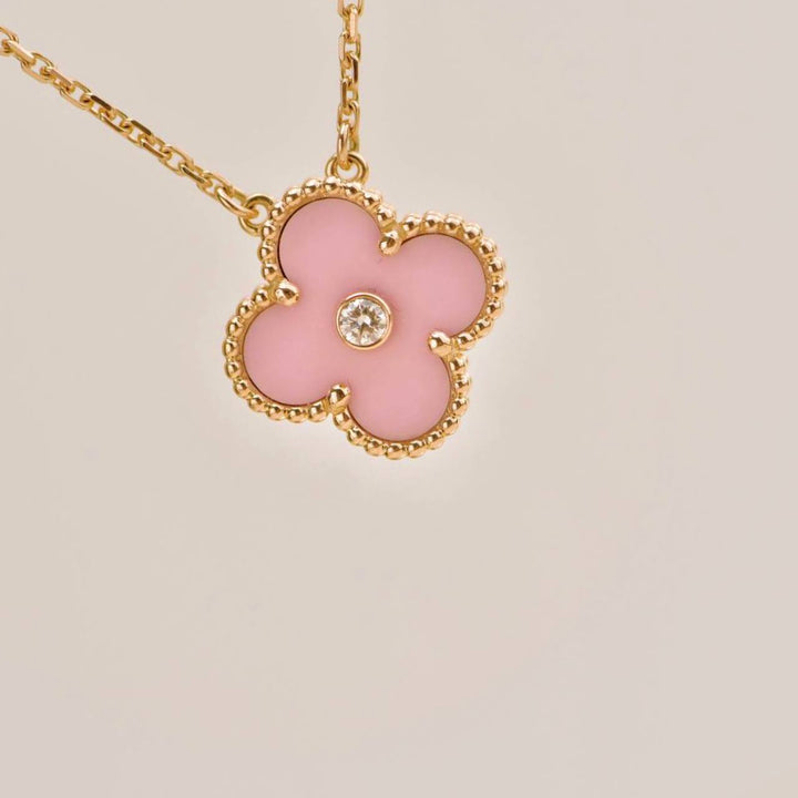 Authentic Van Cleef & Arpels Alhambra 2015 Holiday Diamond Pink Sèvres Porcelain Pendant