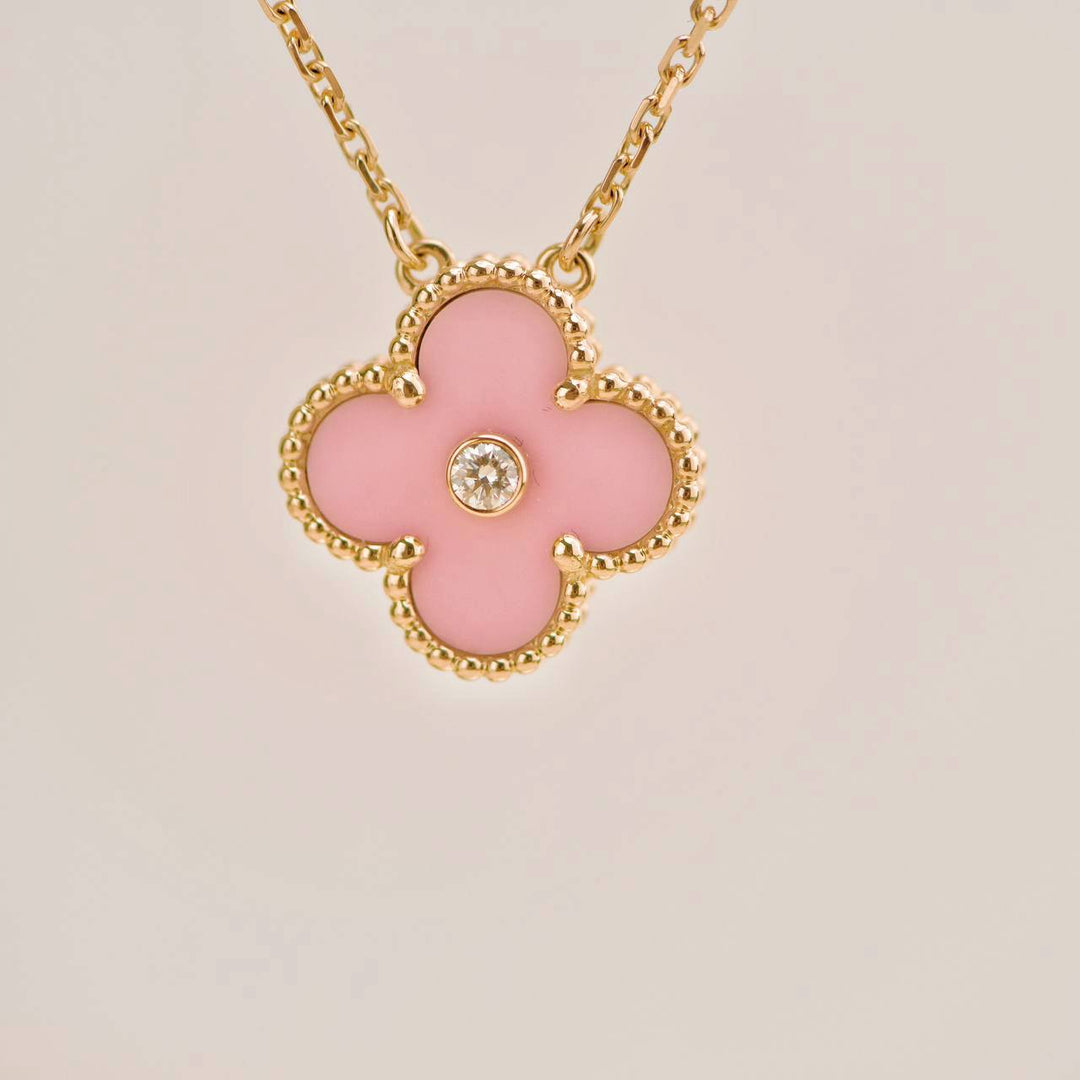 Preowned Van Cleef & Arpels Alhambra 2015 Holiday Diamond Pink Sèvres Porcelain Pendant
