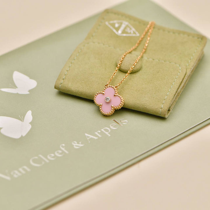 Preowned Authentic Van Cleef & Arpels Alhambra 2015 Holiday Diamond Pink Sèvres Porcelain Pendant