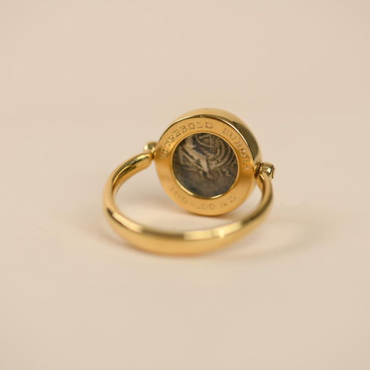 Authentic Bulgari Vintage Monete Reversible Coin Swivel Ring 18K Yellow Gold