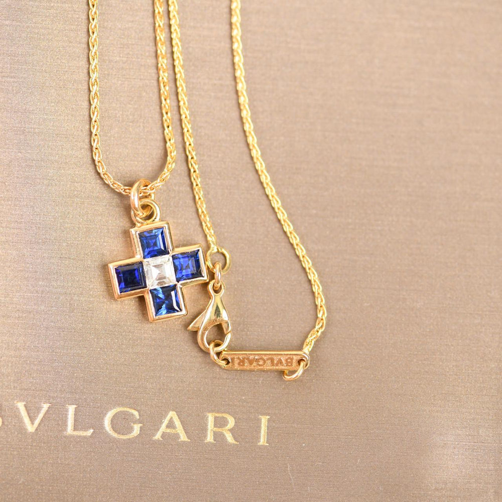 Preowned Authentic Bvlgari Vintage Sapphire and Diamond Greek Cross Pendant 18K Yellow Gold