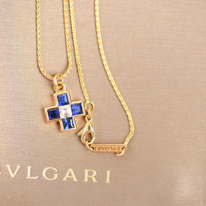 Preowned Authentic Bvlgari Vintage Sapphire and Diamond Greek Cross Pendant 18K Yellow Gold