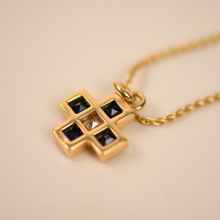 Preowned Bvlgari Vintage Sapphire and Diamond Greek Cross Pendant 18K Yellow Gold