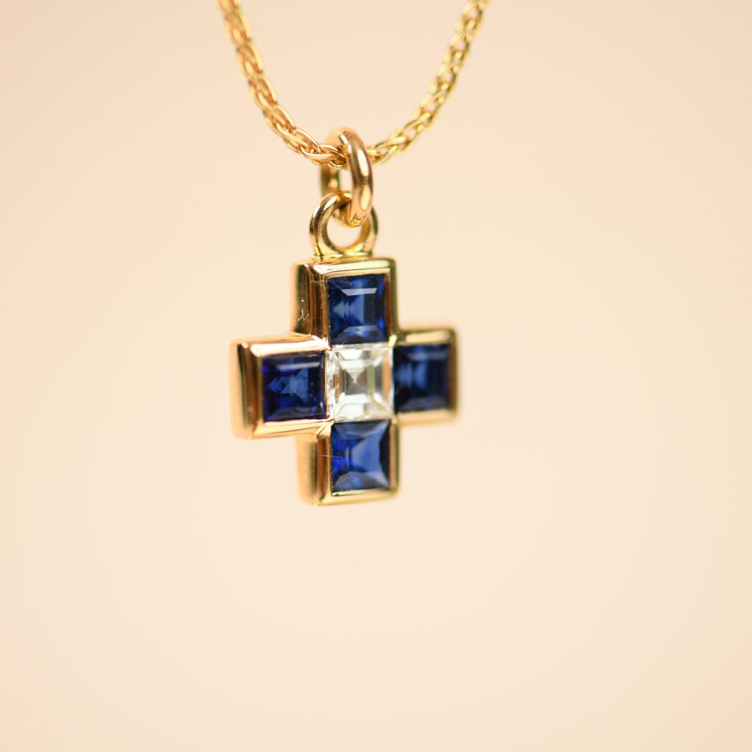 Preloved Bvlgari Vintage Sapphire and Diamond Greek Cross Pendant 18K Yellow Gold