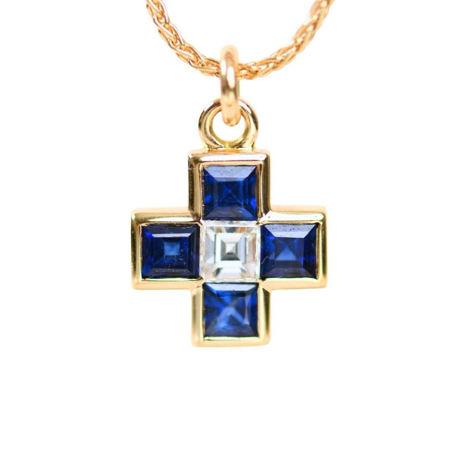 Preloved Authentic Bvlgari Vintage Sapphire and Diamond Greek Cross Pendant 18K Yellow Gold