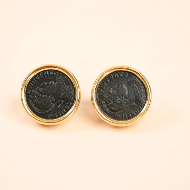 Bvlgari Monete Ancient Bronze Coin Earrings 18K Yellow Gold
