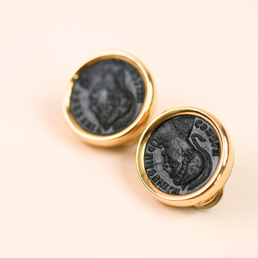 Bvlgari Monete Ancient Bronze Coin Earrings 18K Yellow Gold