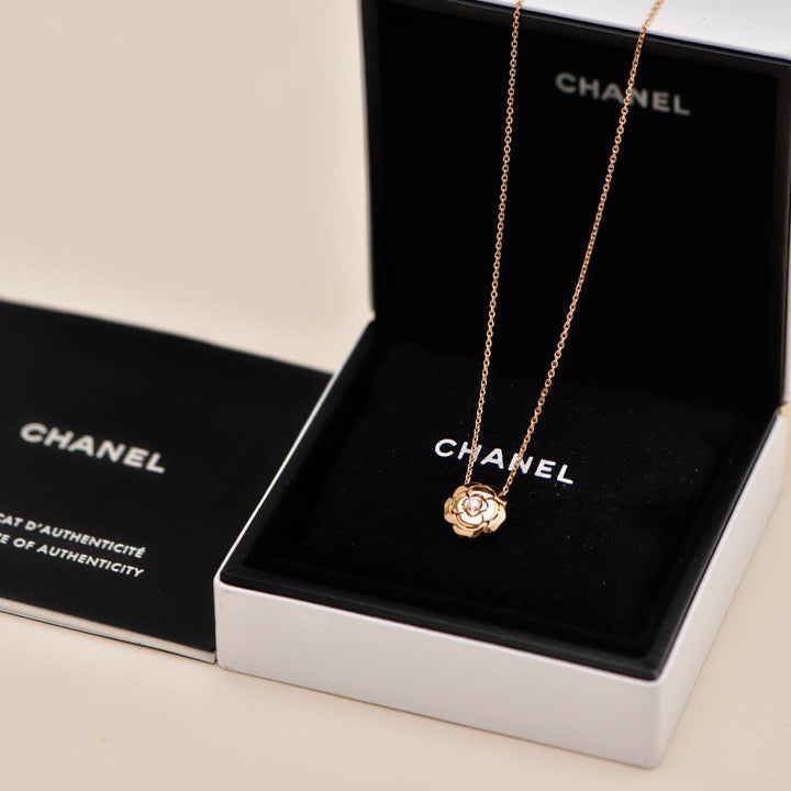 Preowned Authentic Chanel Extrait de Camélia Necklace Diamond 18K Rose Gold