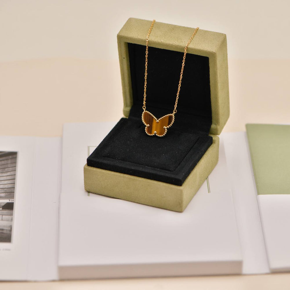 Preowned Authentic Van Cleef & Arpels Lucky Alhambra Butterfly Tiger Eye Pendant Necklace