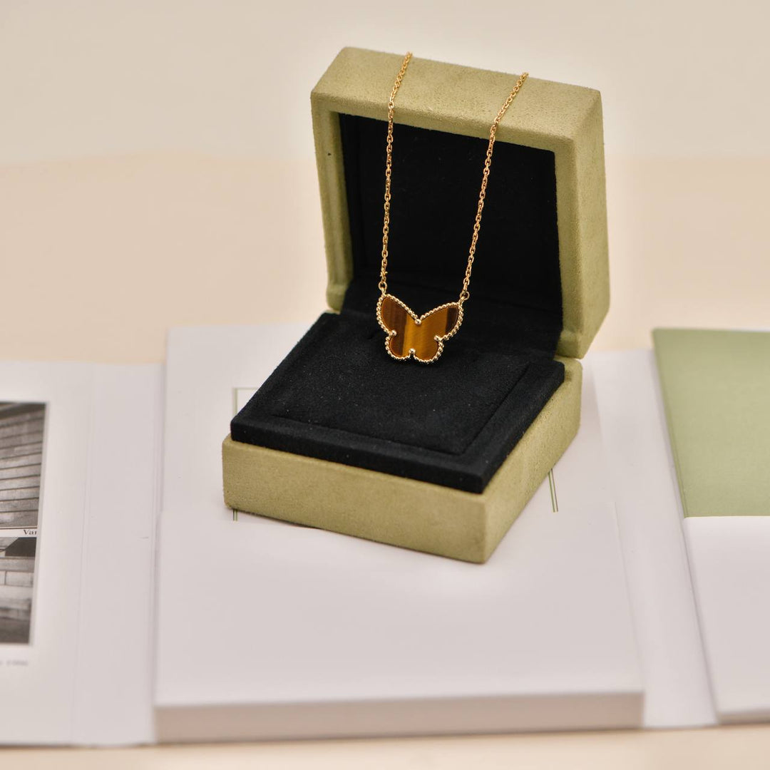 Preowned Authentic Van Cleef & Arpels Lucky Alhambra Butterfly Tiger Eye Pendant Necklace
