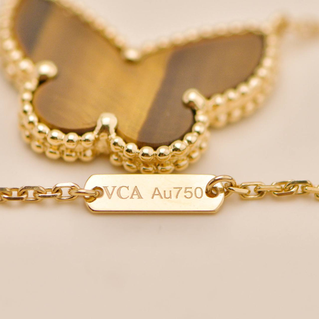 Preowned Van Cleef Lucky Alhambra Butterfly Tiger Eye Pendant Necklace