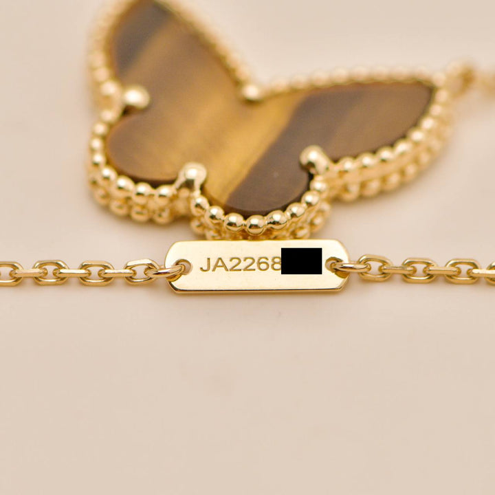 Second Hand Van Cleef Lucky Alhambra Butterfly Tiger Eye Pendant Necklace