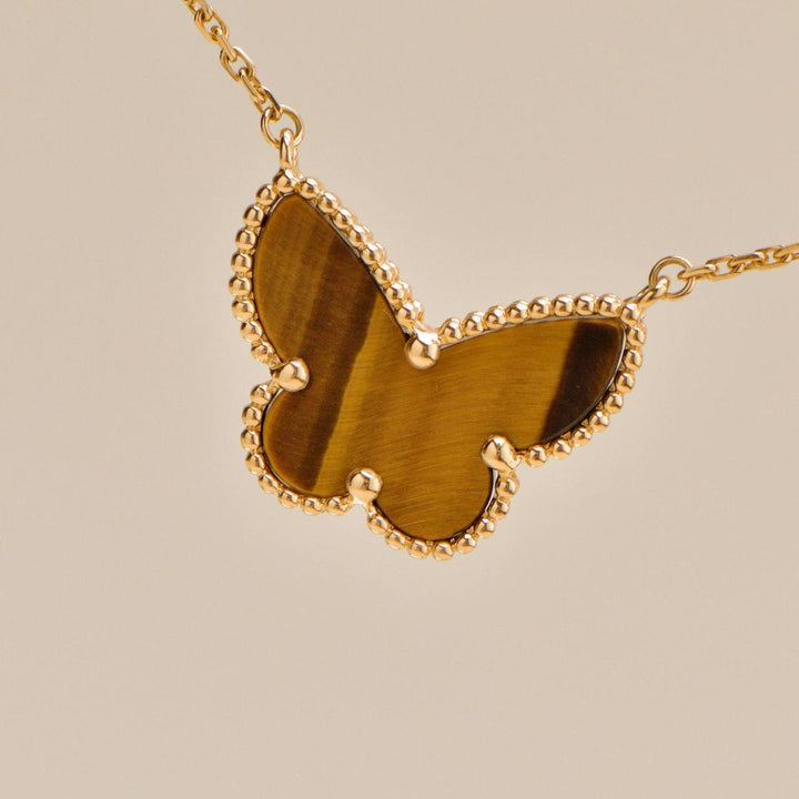 Preloved Van Cleef Lucky Alhambra Butterfly Tiger Eye Pendant Necklace