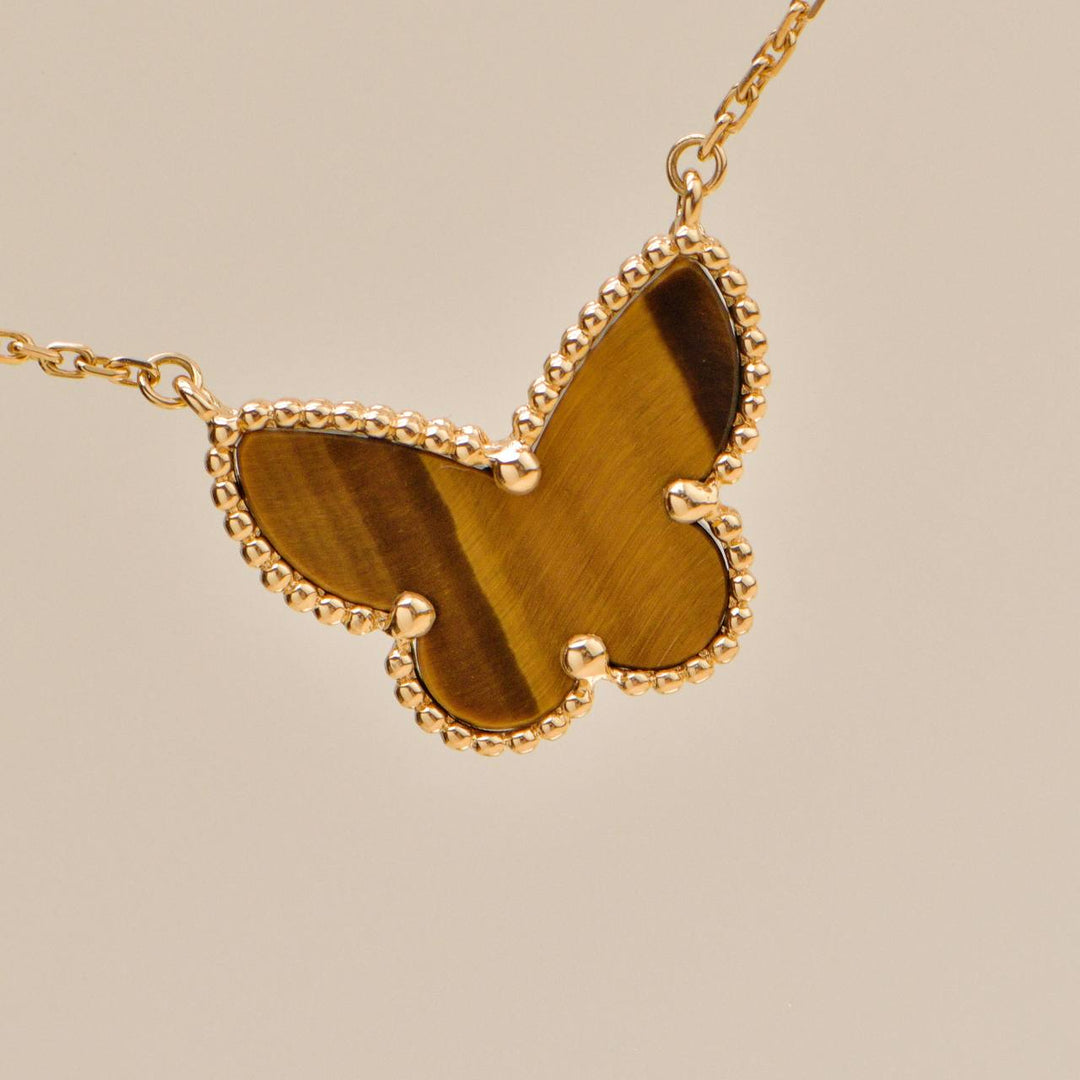 Authentic Van Cleef & Arpels Lucky Alhambra Butterfly Tiger Eye Pendant Necklace