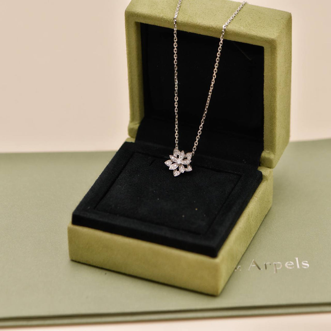Preowned Authentic Van Cleef & Arpels Lotus Openwork Diamond Pendant 18K White Gold Mini Model