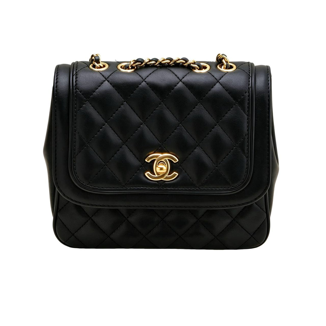 Preowned Authentic Chanel Lovely Day Flap Bag Black Lambskin Gold-Tone Hardware