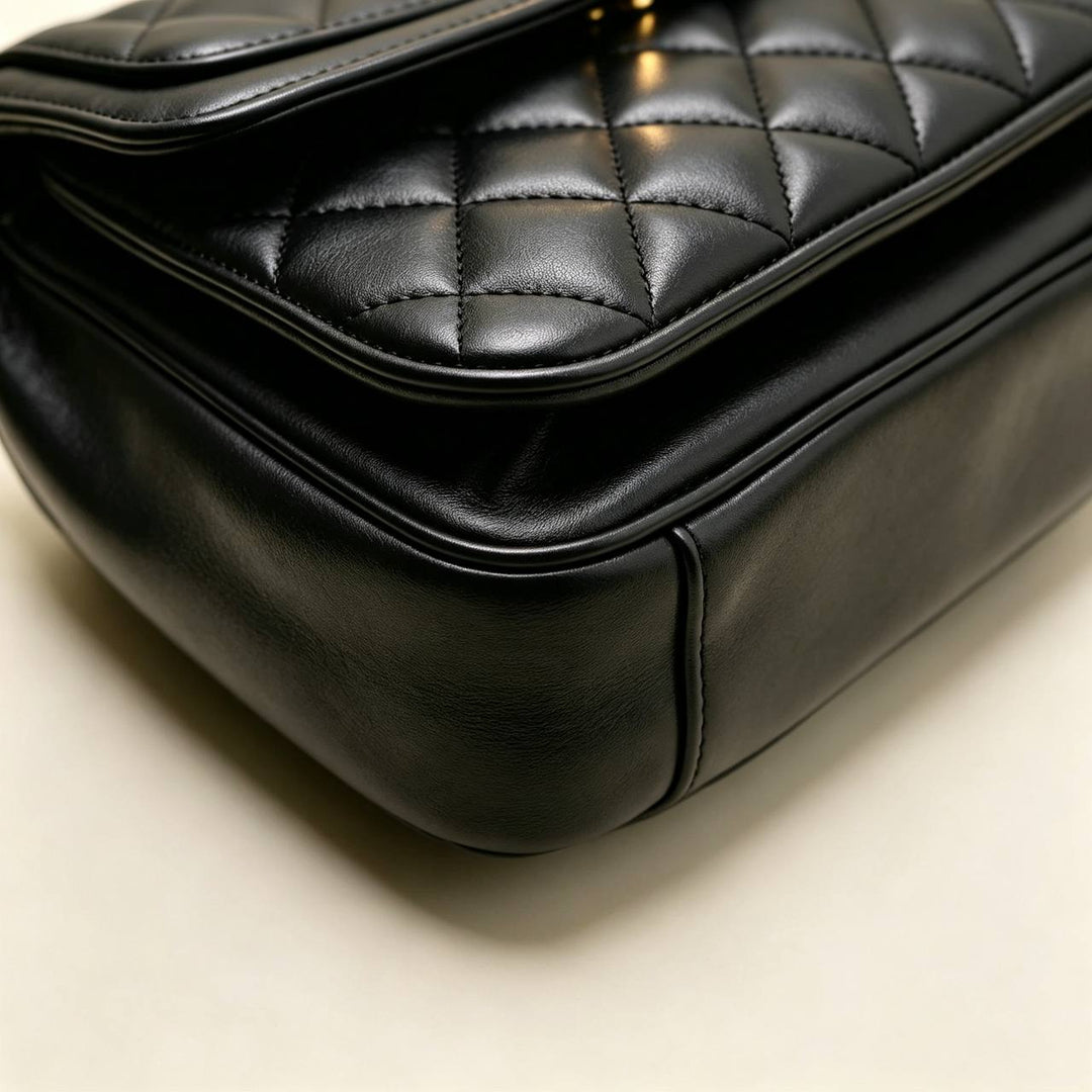 Preowned Authentic Chanel Lovely Day Flap Bag Black Lambskin Gold Tone Hardware