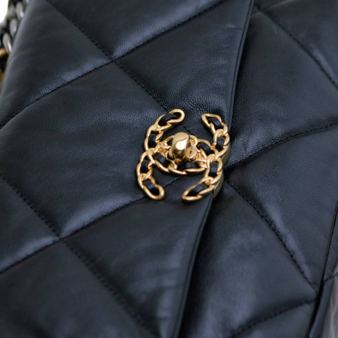 Preowned Authentic Chanel 19 Small Bag Black Shiny Goatskin Mixed Hardware