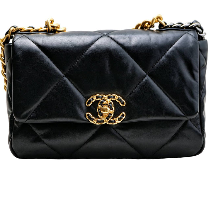 Preowned Authentic Chanel 19 Small Handbag Black Shiny Goatskin Mixed Hardware