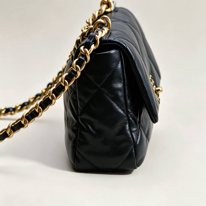 Authentic Chanel 19 Small Handbag Black Shiny Goatskin Mixed Hardware