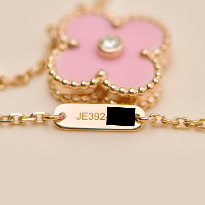 Second Hand Authentic Van Cleef Alhambra 2015 Holiday Diamond Pink Sèvres Porcelain Pendant