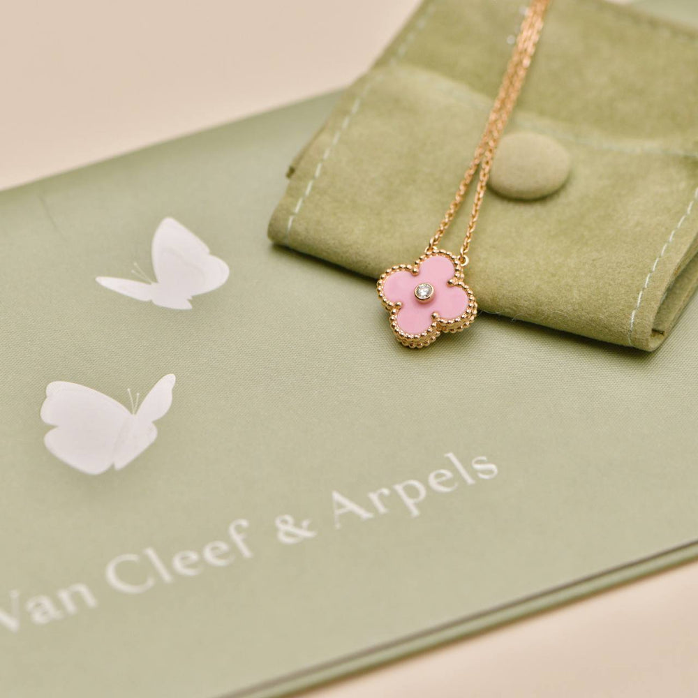 Preowned Authentic Van Cleef & Arpels Alhambra 2015 Holiday Diamond Pink Sèvres Porcelain Pendant