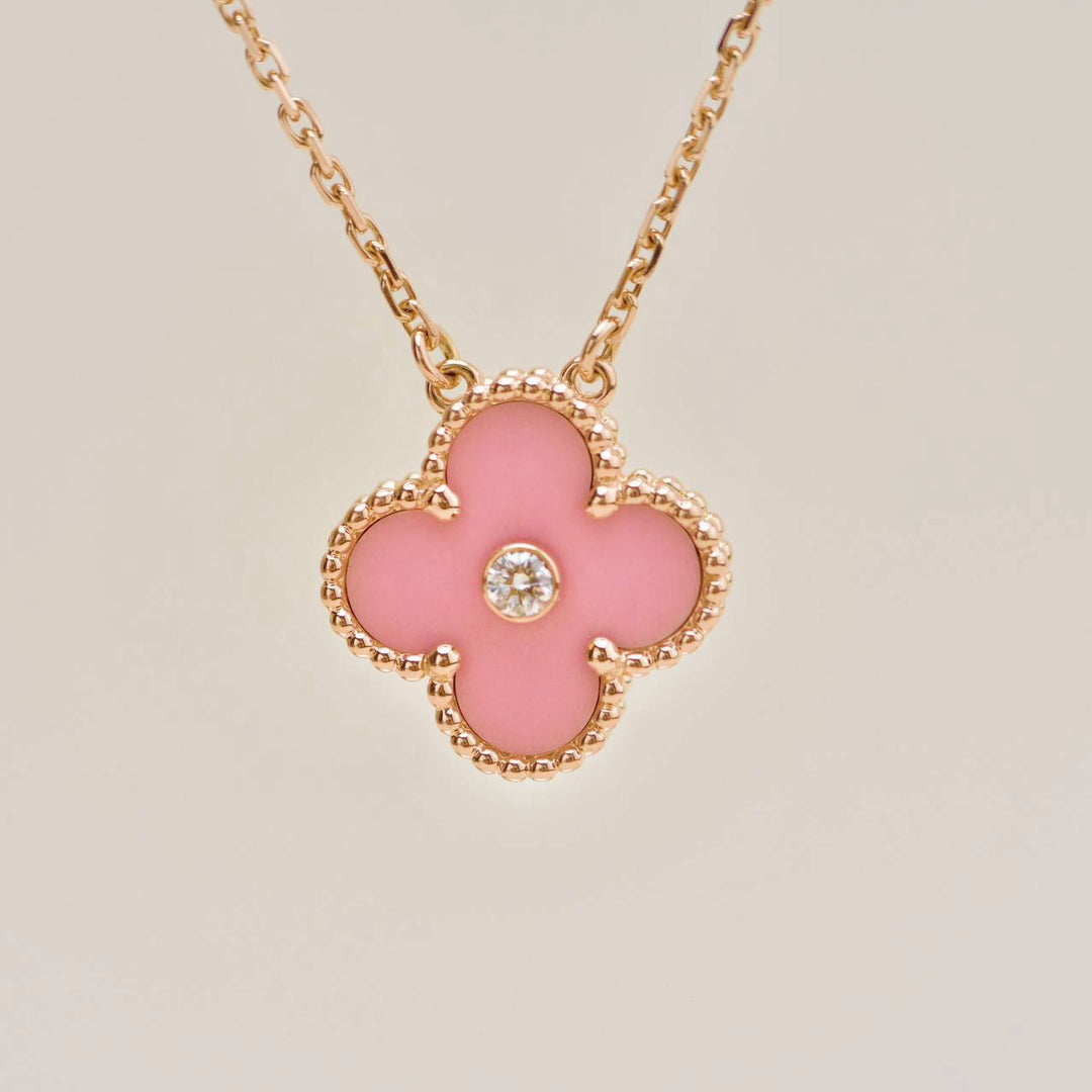 Preloved Authentic Van Cleef Alhambra 2015 Holiday Diamond Pink Sèvres Porcelain Pendant