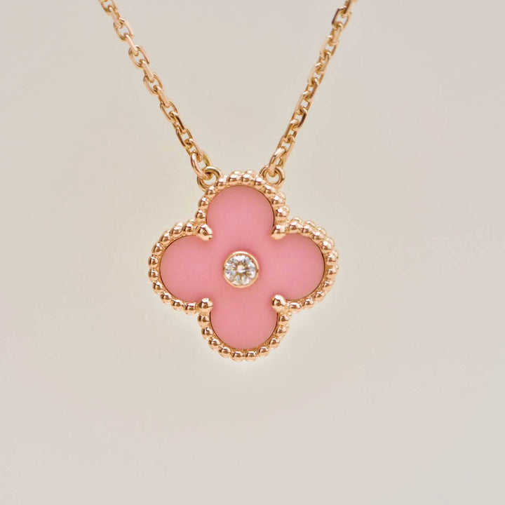 Preloved Authentic Van Cleef Alhambra 2015 Holiday Diamond Pink Sèvres Porcelain Pendant