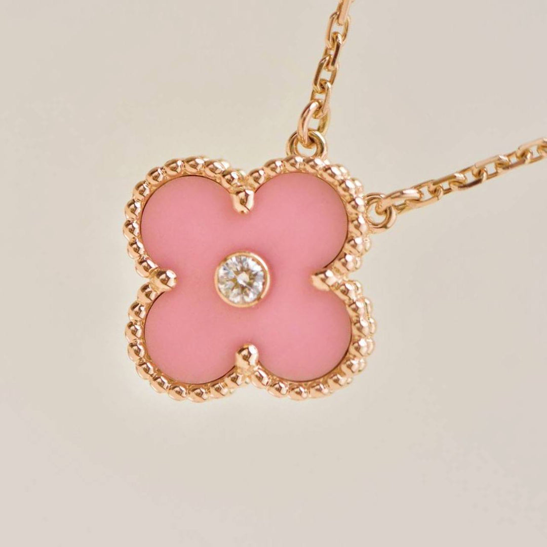 Second Hand Authentic Van Cleef & Arpels Alhambra 2015 Holiday Diamond Pink Sèvres Porcelain Pendant