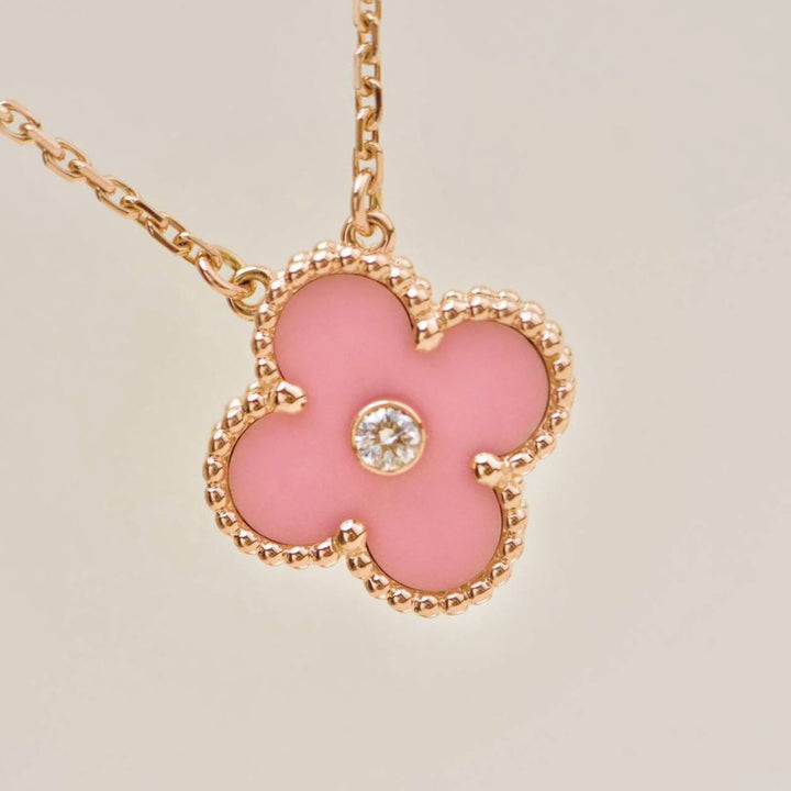 Authentic Van Cleef & Arpels Alhambra 2015 Holiday Diamond Pink Sèvres Porcelain Pendant