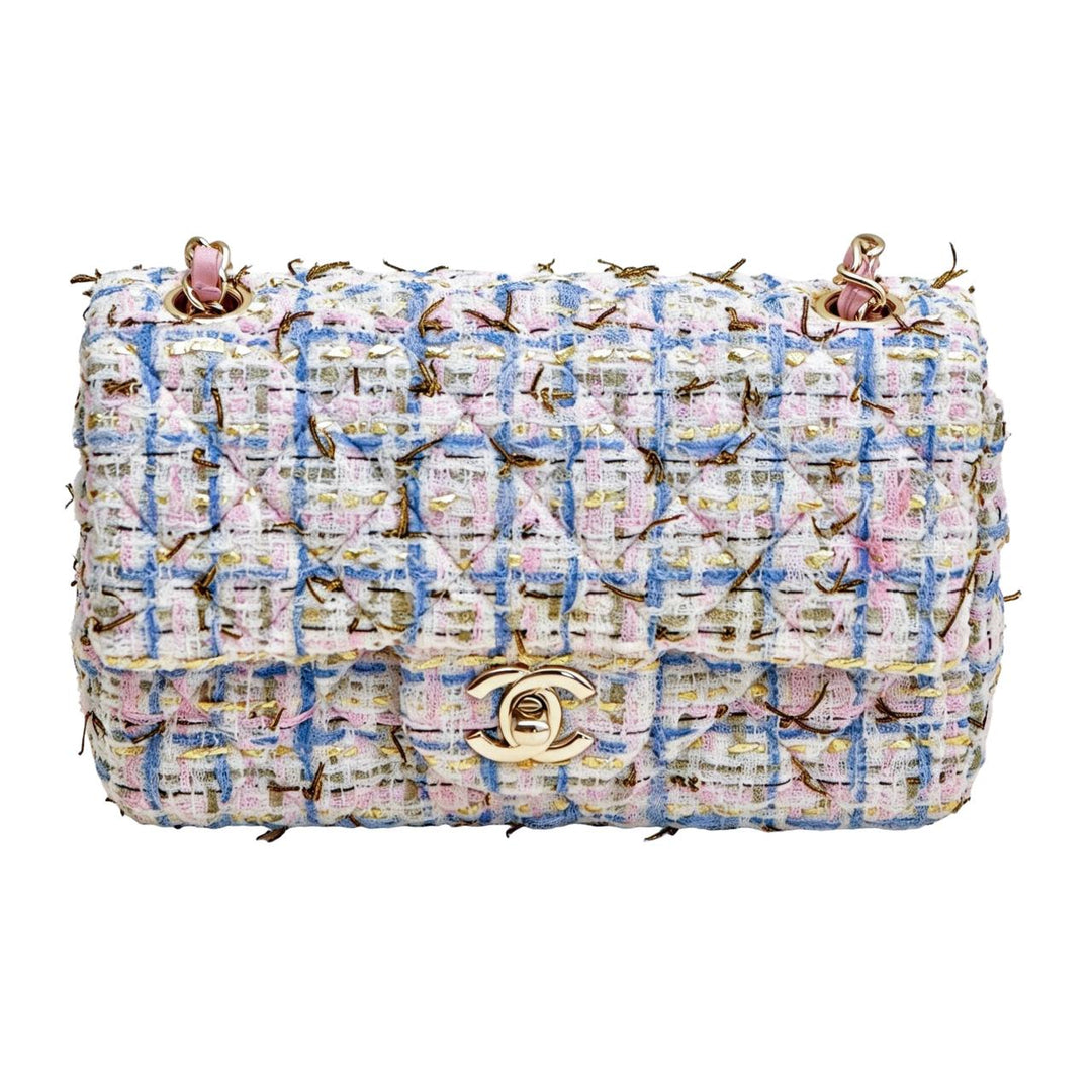 Preowned Authentic Chanel Classic Double Flap Mini Bag Pink Tweed GHW